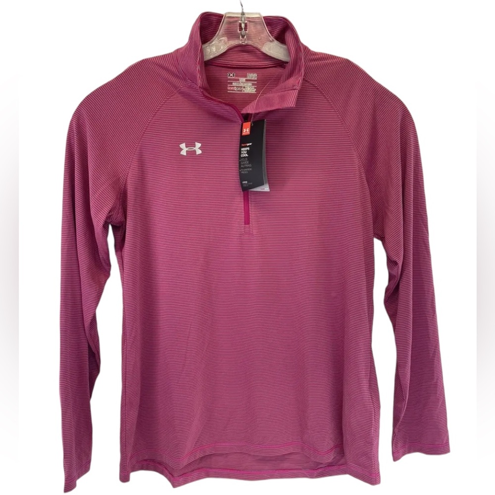 Under‎ Armour Womens Sz Large Magenta/Grey Striped 1/4 Zip Up Shirt (B31) NWTs